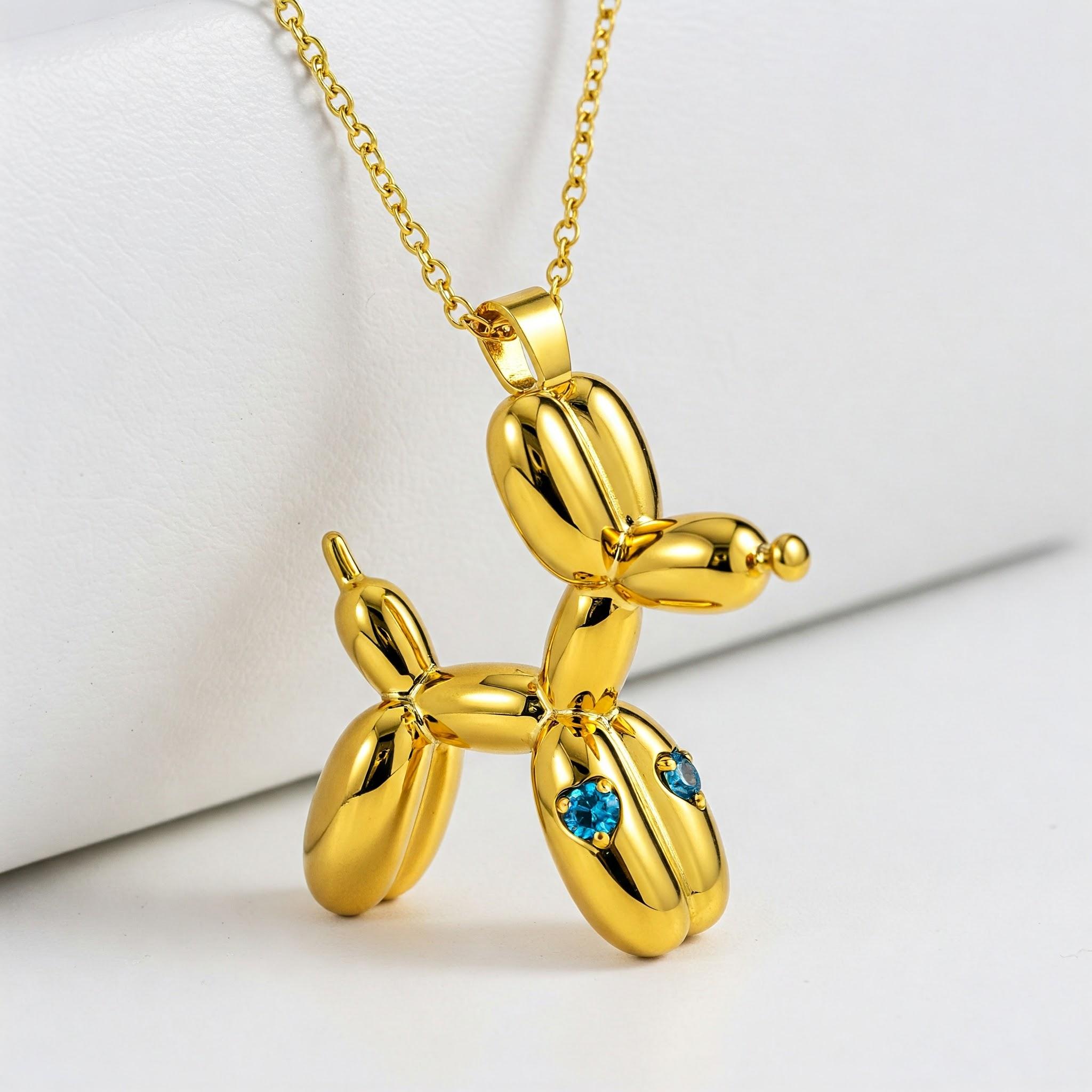 Stainless Steel Balloon Dog Pendant Necklace with Blue Heart Crystal